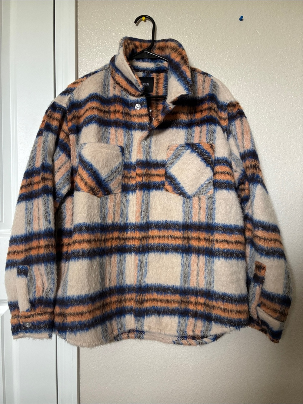 Fashion Nova Men's Plaid Puffer Shacket - Cream, Blue & Brown Accent